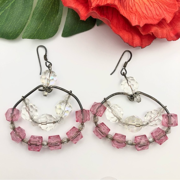 Handmade Artisan Beaded Sterling Silver Hoop Dangle Earrings Barbiecore Pink AB - Picture 1 of 12